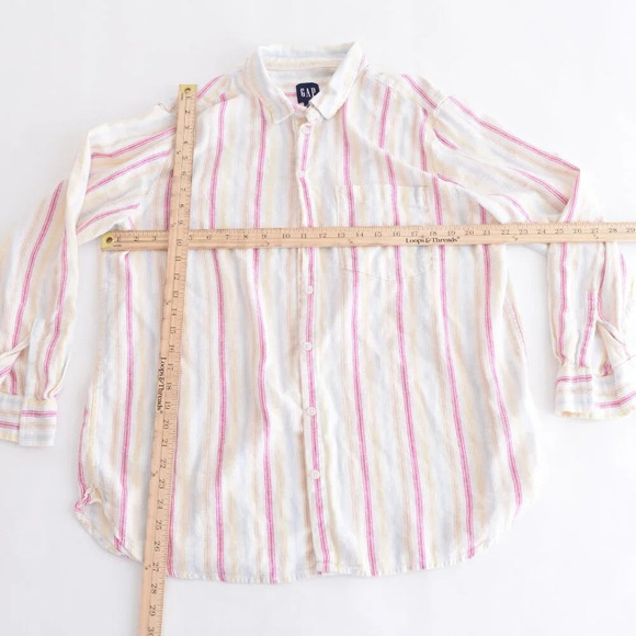 Gap Cream w Pink Stripe 55%  Linen Button Up Lightweight Dress Shirt Size XL - Picture 4 of 11